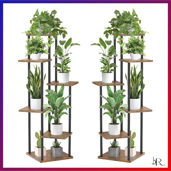 45 Inch Black Metal and Wood Large Plant Stand 6 Tier Corner Shelf for Multiple Indoor Plants,  for Garden, Patio, Balcony, and Living Room
