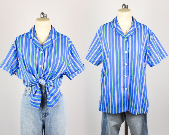 Vintage Blue Striped Button Down, Size Large - image 1