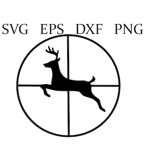 Puede incluir: Una silueta negra de un ciervo saltando a través de una mira telescópica.