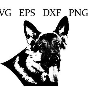 May include: Black and white silhouette of a German Shepherd dog with its tongue sticking out.