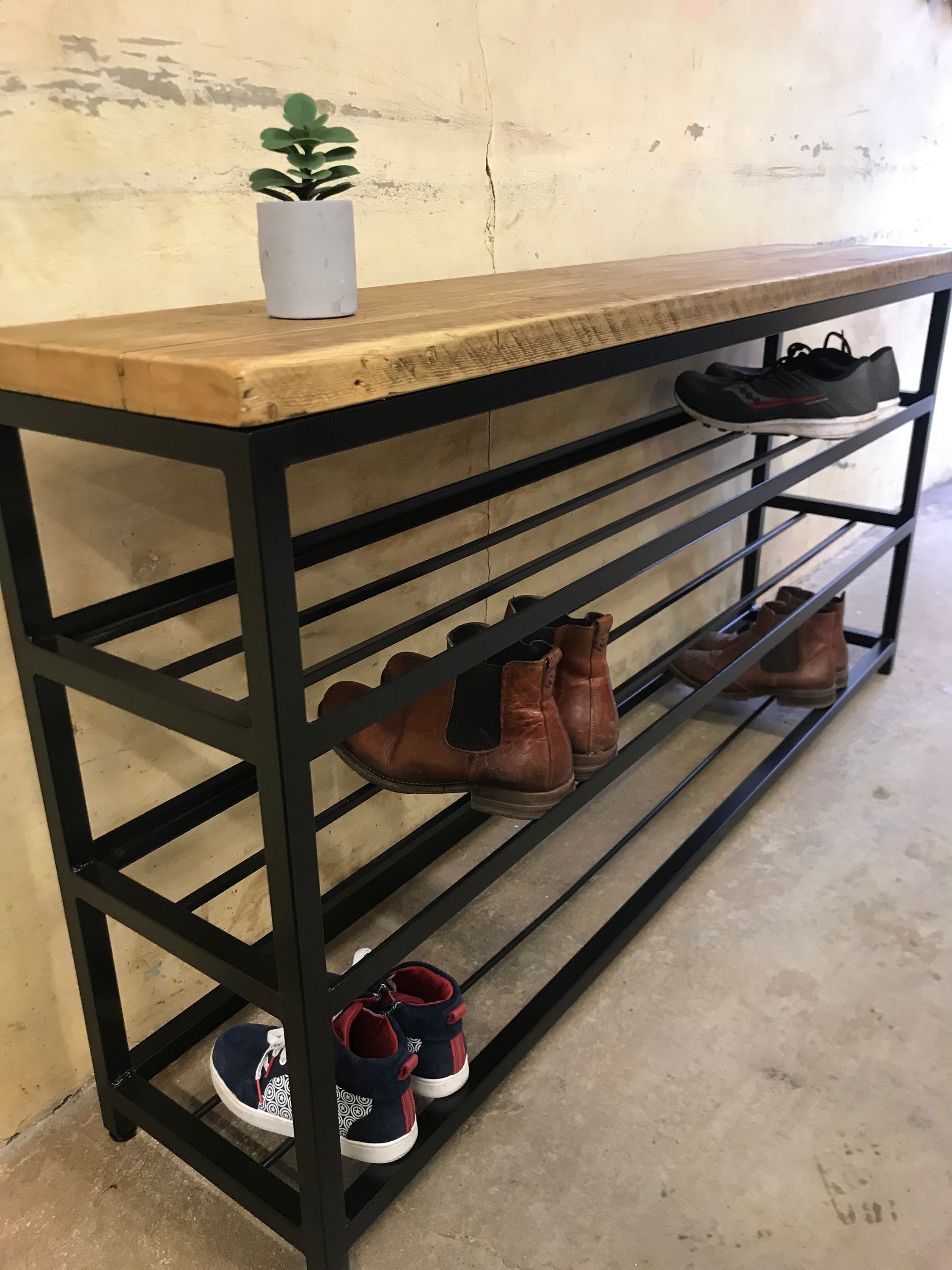 3 Tier Shoe Storage Bench industrial reclaimed wood and black Etsy