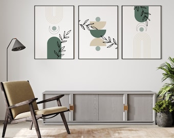 Boho Wandkunst, 3er Set Drucke, Botanische Wandkunst, Wohnzimmer Dekor, Abstrakte Kunst, Grün