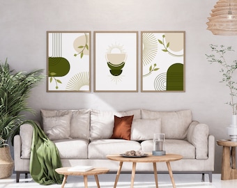 Boho Wandkunst, Botanische Wandkunst, 3er Set, Mid Century Modern Decor, Abstrakt, Grün