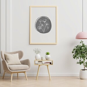 Minimalistic Wall Art, Botanical Art, Floral Wall Decor, Abstract Line Art, Living Room Decor, Gray