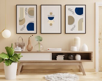 Arte da parete Boho, stampa d'arte botanica, arte moderna della metà del secolo, set di 3, arredamento del soggiorno, blu