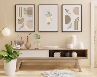 Boho Wall Art, Set of 3, Mid Century Modern, Abstract Art, Botanical Wall Art, Beige, Pink