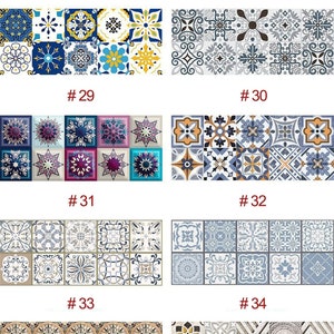 Puede incluir: Un conjunto de 44 diseños de azulejos digitales con varios patrones geométricos en azul, marrón, gris, blanco y amarillo. Los diseños están numerados del 29 al 44.
