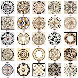 Może przedstawiać: Zestaw 15 dekoracyjnych płytek podłogowych z różnymi wzorami geometrycznymi i kwiatowymi. Płytki są dostępne w trzech rozmiarach: 7,6 cm x 7,6 cm, 10 cm x 10 cm i 12,7 cm x 12,7 cm. Płytki są wykonane z marmuru i mają beżowy kolor z czarnymi, brązowymi i białymi akcentami.