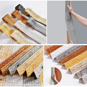 May include: Assortment of decorative self-adhesive trim with ornate patterns in gold, silver, and white. The trim is designed to be used as a border for walls, furniture, and other surfaces.  The trim is shown in various configurations, including a close-up of the intricate details and a demonstration of how it can be used to create a decorative border.