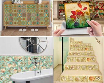 May include: Vintage tile stickers in three different designs. The first design features a colorful geometric pattern, the second design features a floral pattern with red, orange, and yellow leaves, and the third design features a seashell pattern with beige, brown, and blue colors.