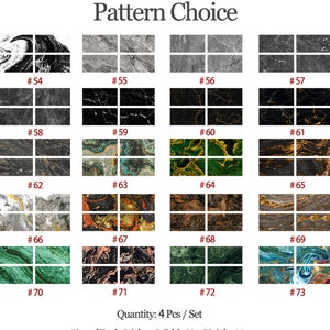 Puede incluir: Una selección de 12 pegatinas de azulejos con diferentes patrones de mármol. Cada pegatina mide 76,2 cm de ancho y 38,1 cm de alto. Las pegatinas están numeradas del 54 al 73. El texto "Cantidad: 4 piezas/juego" y "Tamaño de cada pegatina: Ancho 30 x Alto 15 cm" está impreso debajo de las pegatinas.
