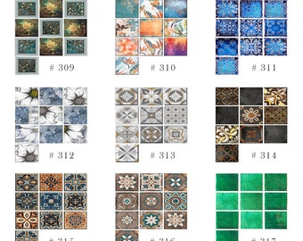 May include: Ten peel and stick tile stickers in various designs. The designs include floral, geometric, and abstract patterns in shades of blue, green, orange, and brown. The stickers are labeled with numbers 309 through 317.