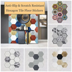 May include: Anti-Slip & Scratch Resistant Hexagon Tile Floor Stickers.  A set of hexagon-shaped floor stickers in various colors and patterns, including wood grain, geometric designs, and floral patterns.  The stickers are shown on a white surface.