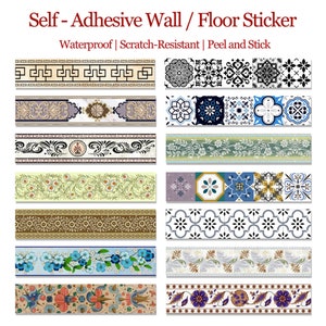 May include: A set of 10 self-adhesive wall or floor stickers featuring a variety of decorative patterns. The patterns include floral, geometric, and tile designs in a range of colours, including blue, green, brown, and white. The stickers are waterproof, scratch-resistant, and peel and stick.