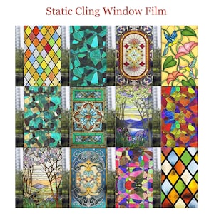 Op de afbeelding: Een set van 12 statische cling-raamfolies met verschillende glas-in-loodontwerpen. De ontwerpen omvatten geometrische patronen, bloemmotieven en landschappen. De folies zijn doorschijnend en kunnen op elk glad glazen oppervlak worden aangebracht.