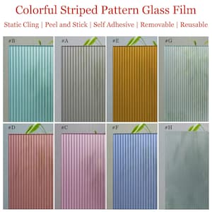 May include: Eight samples of frosted glass film with a striped pattern. The samples are in the colors: light blue, gray, gold, clear, pink, light pink, light blue, and clear. The samples are labeled with the letters A through H.