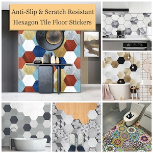 Puede incluir: Pegatinas de baldosas hexagonales antideslizantes y resistentes a los arañazos para el suelo. La imagen muestra varias aplicaciones de las pegatinas en diferentes habitaciones, incluyendo un baño, una cocina y un pasillo. Las pegatinas están disponibles en una variedad de colores y patrones, incluyendo madera, mármol y diseños geométricos.