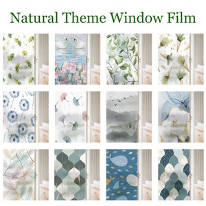 May include: A set of 12 window film designs featuring various nature-inspired themes. The designs include swans, flowers, leaves, dandelions, mountains, deer, fish, and geometric patterns. The films are translucent and can be used to add privacy and style to windows.