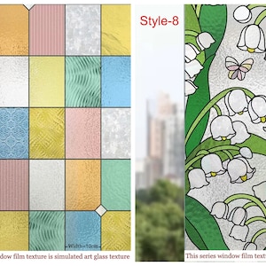 May include: Two window film samples with simulated stained glass designs. The first sample features a geometric pattern of squares in various colors, including yellow, blue, green, and pink. The second sample features a floral design with white flowers and green leaves. Both samples have the text "This series window film texture is simulated art glass texture".