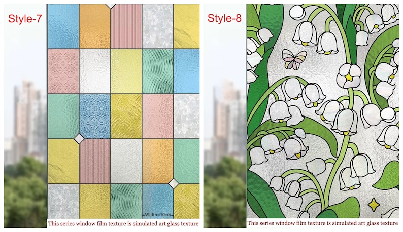 May include: Two window film samples with simulated stained glass designs. The first sample features a geometric pattern of squares in various colors, including yellow, blue, green, and pink. The second sample features a floral design with white flowers and green leaves. Both samples have the text "This series window film texture is simulated art glass texture".