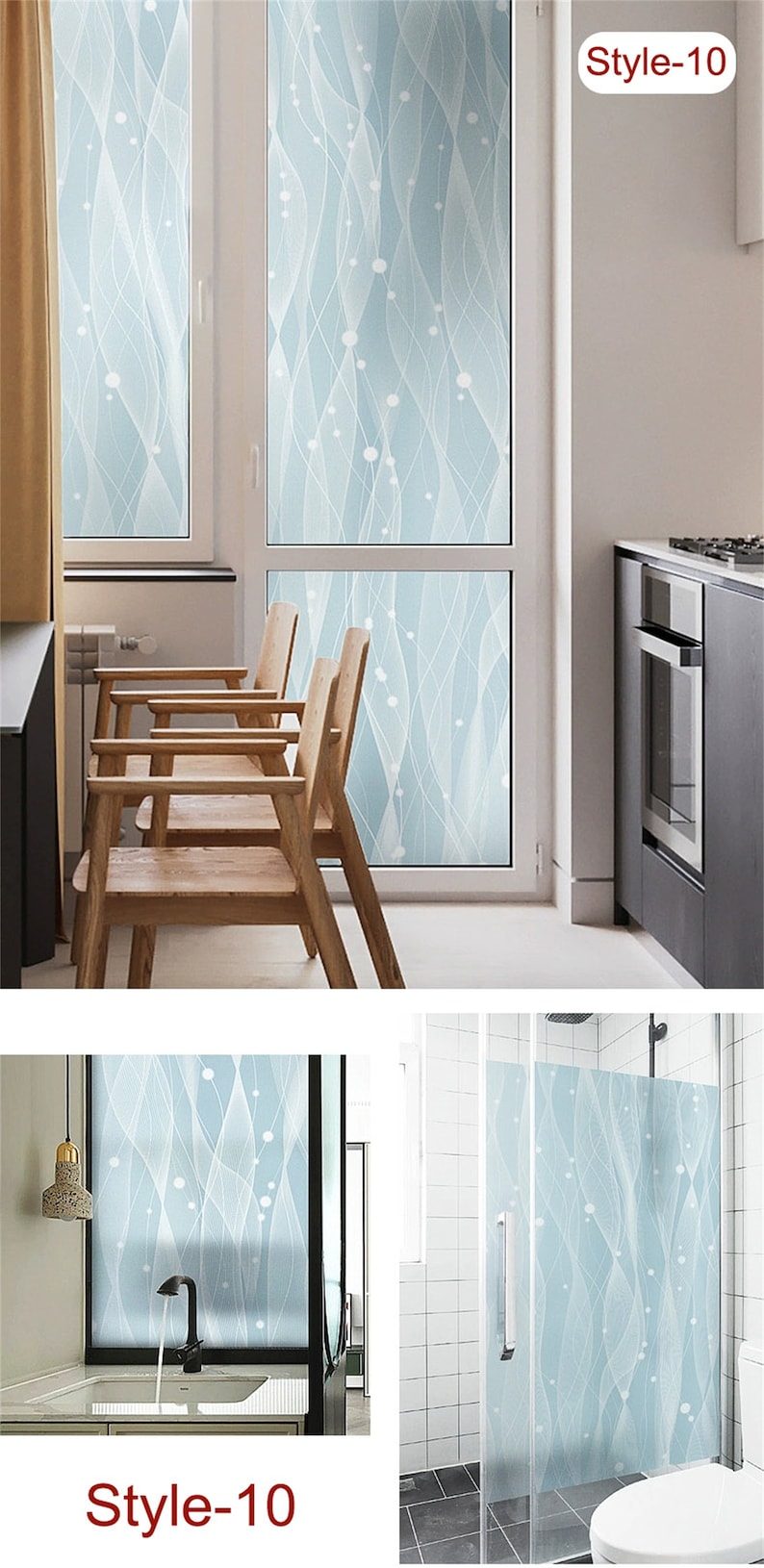 May include: A frosted window film with a light blue background and a white abstract design. The design features wavy lines and small white circles. The film is shown applied to a window in a kitchen and a bathroom. The text "Style-10" is visible in the image.