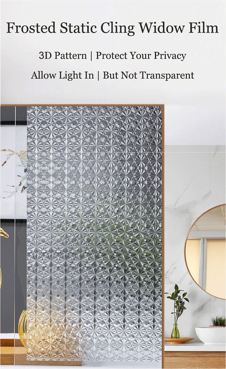 Puede incluir: Pel&iacute;cula de ventana de adherencia est&aacute;tica esmerilada con un patr&oacute;n geom&eacute;trico 3D. La pel&iacute;cula est&aacute; dise&ntilde;ada para proteger la privacidad mientras permite que la luz pase. El texto en la imagen dice "Frosted Static Cling Widow Film", "3D Pattern | Protect Your Privacy", y "Allow Light In | But Not Transparent".