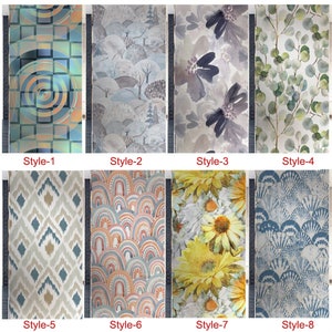 Puede incluir: Ocho diseños diferentes de película para ventanas, que incluyen patrones geométricos, paisajes de acuarela, estampados florales y diseños abstractos. Los diseños se muestran en un formato de cuadrícula con el texto "Style-1" a "Style-8" debajo de cada diseño.