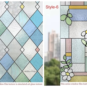 May include: Two stained glass window film designs. The first design is a geometric pattern of blue, green, and yellow diamonds. The second design features a floral pattern with white flowers and green leaves on a blue, yellow, and pink background. Both designs are 11 cm wide.  This series window film texture is simulated art glass texture.