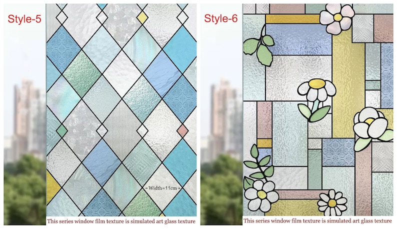 May include: Two stained glass window film designs. The first design is a geometric pattern of blue, green, and yellow diamonds. The second design features a floral pattern with white flowers and green leaves on a blue, yellow, and pink background. Both designs are 11 cm wide.  This series window film texture is simulated art glass texture.