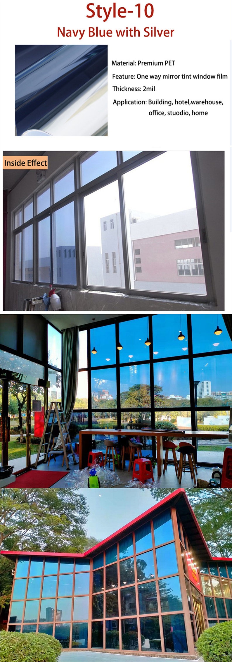 May include: A window film with a navy blue and silver tint. The film is applied to a window and shows the outside view through the film. The text on the image reads "Style-10 Navy Blue with Silver", "Material: Premium PET", "Feature: One way mirror tint window film", "Thickness: 2mil", "Application: Building, hotel, warehouse, office, studio, home".