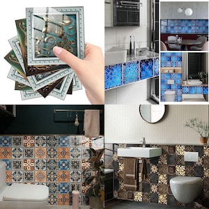 May include: A set of decorative tile stickers featuring a blue and white geometric pattern. The stickers are shown applied to a bathroom wall, creating a modern and stylish look.