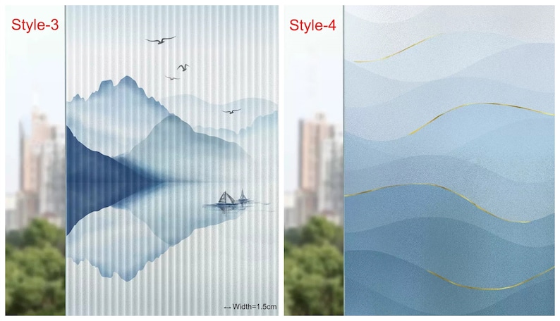 May include: Two window film designs. The first design features a blue and white watercolor mountain scene with a boat on a lake. The second design features a blue and gold watercolor wave pattern. Both designs are 1.5 inches wide.