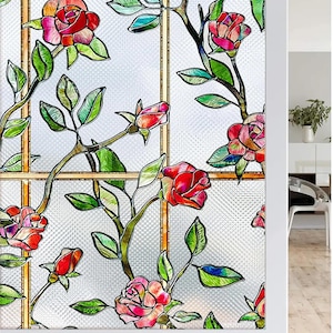 Window Privacy Film Frosted Static Cling Vinyl Stickers,3D Stain Glass Window Cling,Floral Glass Film for Home Office Bathroom Kitchen Decal