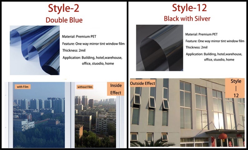 Puede incluir: La imagen muestra dos estilos de l&aacute;minas para ventanas: Style-2, Double Blue, y Style-12, Negro con Plata. El material es PET Premium, con un grosor de 2mil. Aplicaciones: edificios, hoteles, almacenes, oficinas y hogares.
