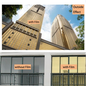 May include: A comparison of a window with and without a gold and silver window film. The film creates a mirrored effect, reflecting the outside view. The text on the image reads: "Style-6 Gold with Silver, Material: Premium PET, Feature: One way mirror tint window film, Thickness: 2mil, Application: Building, hotel, warehouse, office, studio, home, Outside Effect, Inside Effect".