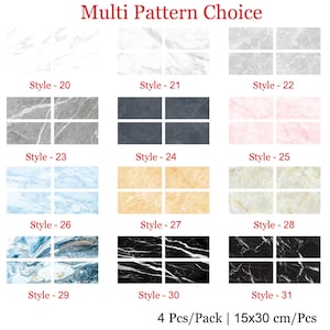 Puede incluir: Una selección de 12 patrones de azulejos de mármol diferentes, cada uno con un color y vetas únicos. Los azulejos están dispuestos en una cuadrícula con el número de estilo indicado debajo de cada azulejo. El texto en la parte inferior dice "4 Pcs/Pack | 15x30 cm/Pcs".