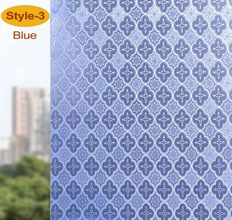 3D Premium Window Privacy Film, Static Cling Sticker,Anti-UV, No Glue, Peel and Stick, Self Adhesive Decorative Film for Home Kitchen Office Blue