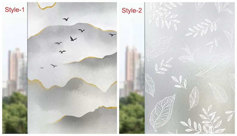 May include: Two window film designs, one with a gray and gold mountain scene with birds flying over it, labeled "Style-1", and the other with a white leaf pattern on a frosted background, labeled "Style-2".