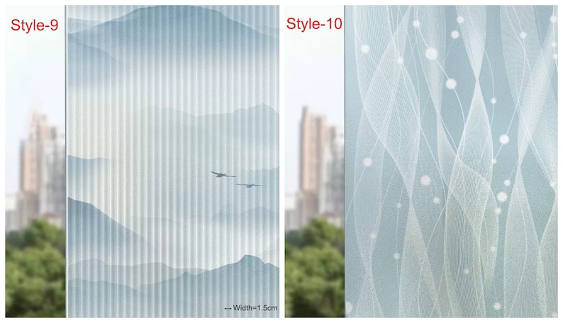 May include: Two window film samples with different designs. The left sample features a light blue and white mountain scene with a striped pattern. The right sample features a light blue and white abstract design with a wavy pattern. Both samples are 1.5 cm wide.