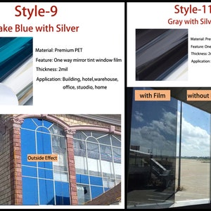 Puede incluir: La imagen muestra una pel&iacute;cula para ventanas en dos estilos: Azul Lago con Plata y Gris con Plata. La pel&iacute;cula est&aacute; hecha de PET Premium y tiene un grosor de 2 mil. Se aplica a edificios, hoteles, almacenes, oficinas y hogares. La imagen tambi&eacute;n muestra el efecto exterior.