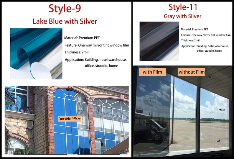 Puede incluir: La imagen muestra una pel&iacute;cula para ventanas en dos estilos: Azul Lago con Plata y Gris con Plata. La pel&iacute;cula est&aacute; hecha de PET Premium y tiene un grosor de 2 mil. Se aplica a edificios, hoteles, almacenes, oficinas y hogares. La imagen tambi&eacute;n muestra el efecto exterior.