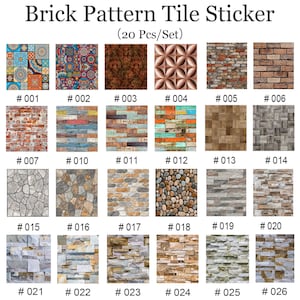 May include: A set of 20 brick pattern tile stickers. The stickers feature a variety of brick patterns, including traditional red brick, stone, and wood. The stickers are ideal for adding a touch of rustic charm to any space.