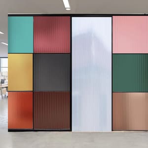 May include: A wall partition made of frosted glass panels with a black frame. The panels are arranged in a grid pattern and feature different colors, including teal, red, gold, brown, pink, and green.
