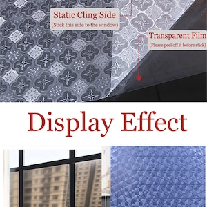 Puede incluir: Un film transparente para ventanas con un patr&oacute;n geom&eacute;trico. El film se muestra antes y despu&eacute;s de ser aplicado a una ventana. El texto "Static Cling Side (Stick this side to the window)" y "Transparent Film (Please peel off it before stick)" es visible en el film.