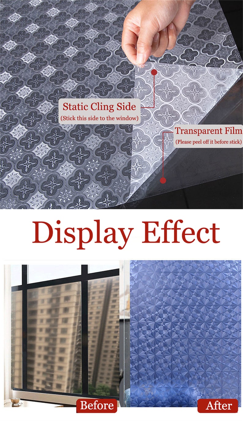 Puede incluir: Un film transparente para ventanas con un patr&oacute;n geom&eacute;trico. El film se muestra antes y despu&eacute;s de ser aplicado a una ventana. El texto "Static Cling Side (Stick this side to the window)" y "Transparent Film (Please peel off it before stick)" es visible en el film.