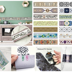 May include: Assortment of decorative self-adhesive border trim for home decor. The trim features various patterns including floral, geometric, and tile designs. The trim is made of thickened PVC material.
