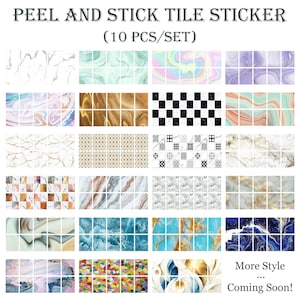 Puede incluir: Una colección de pegatinas de azulejos autoadhesivas con varios diseños. Los diseños incluyen mármol, formas geométricas y remolinos abstractos en colores como blanco, dorado, azul y negro. El texto en la parte superior dice "PEEL AND STICK TILE STICKER (10 PCS/SET)".