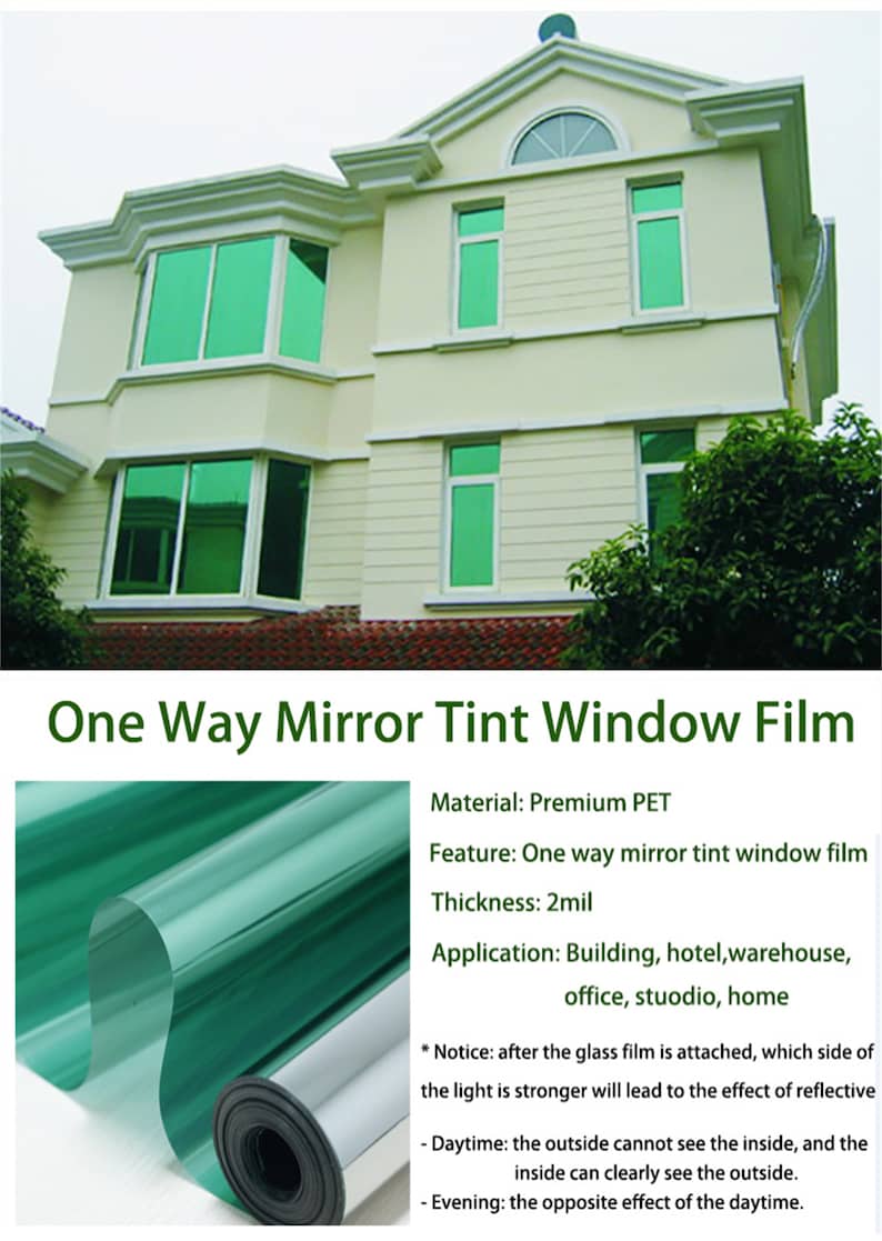 Puede incluir: Pel&iacute;cula de tinte de espejo unidireccional. La imagen muestra un rollo de pel&iacute;cula te&ntilde;ida de verde y un edificio con ventanas te&ntilde;idas de verde. La pel&iacute;cula tiene 0,05 mm de grosor y est&aacute; hecha de PET Premium. Aplicaciones: edificios, hoteles y hogares.