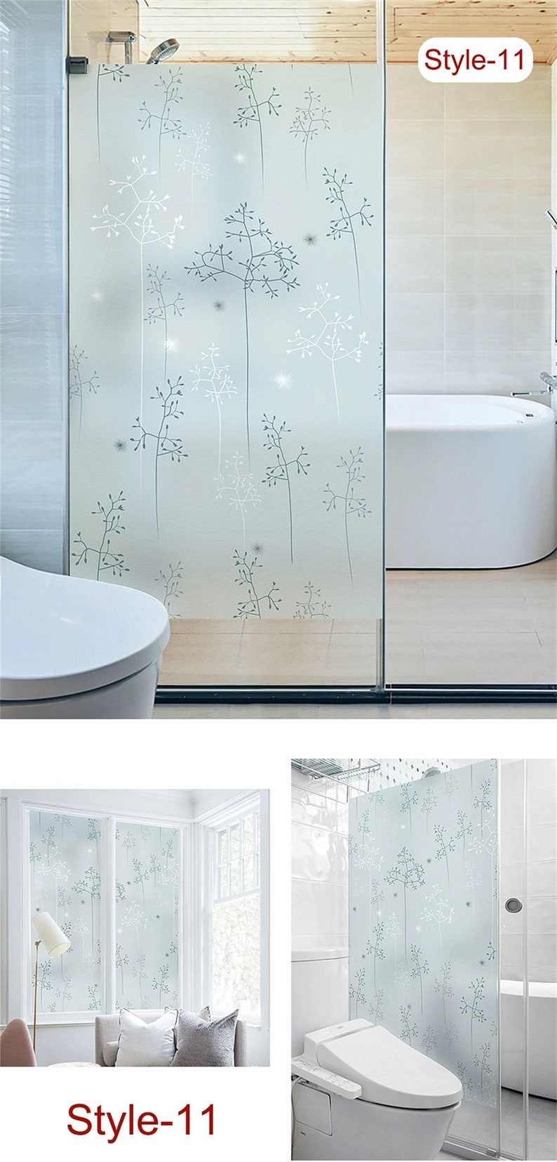 May include: A frosted glass window film with a delicate floral pattern in shades of gray and white. The film is shown installed in a bathroom, with a bathtub and toilet visible. The text "Style-11" is displayed in the top right corner of the image.