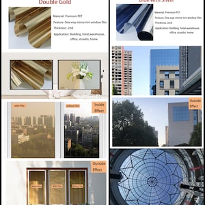 Puede incluir: La imagen muestra dos estilos de pel&iacute;cula para ventanas: Style-3 Doble Oro y Style-5 Azul con Plata. La pel&iacute;cula Doble Oro se muestra en rollos y aplicada a ventanas, ofreciendo un efecto espejo. La pel&iacute;cula Azul con Plata tambi&eacute;n se muestra en rollos y aplicada a ventanas. El texto indica que la pel&iacute;cula es Premium PET.